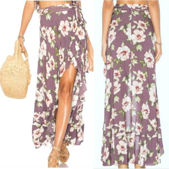 BLUE LIFE Aura Wrap Maxi Skirt REVOLVE Lavender Hibiscus Floral Print Ruffle - Picture 3 of 10